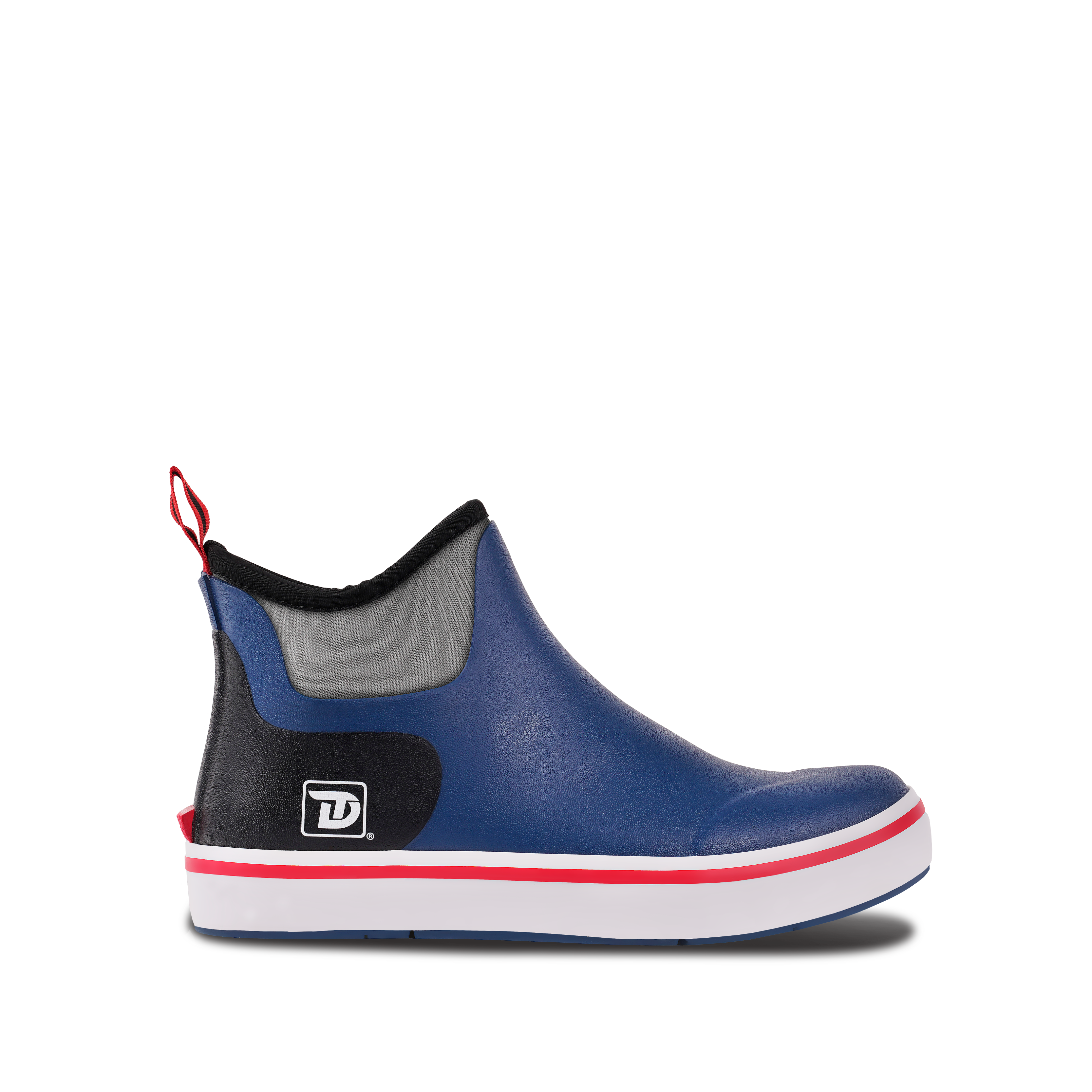 Side view of Trudave WildProwl Series women’s ankle waterproof rubber deck boots – blue design showing slip-resistant sole and lightweight waterproof construction for fishing and boating